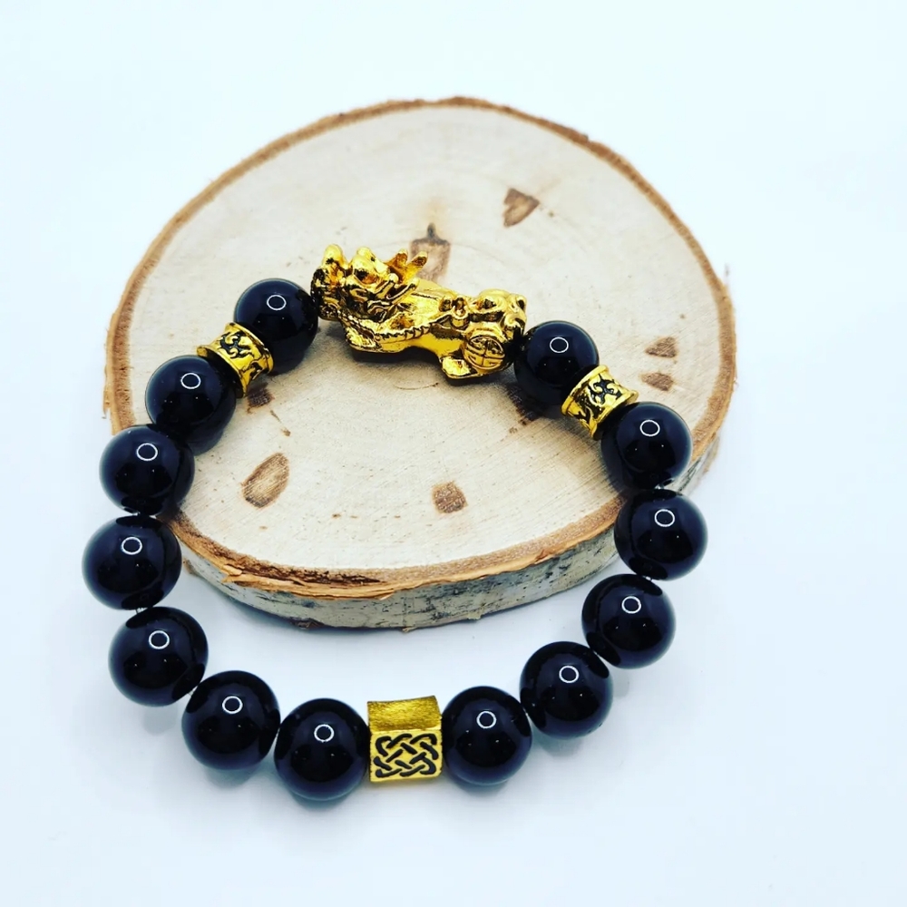 Black Obsidian Pixiu golden Unisex bracelet 12 mm